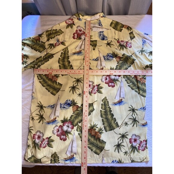 M.E. Sport Mens XL Hawaiian Shirt Yellow Floral Short Sleeve Rayon Sailboat - Picture 6 of 8